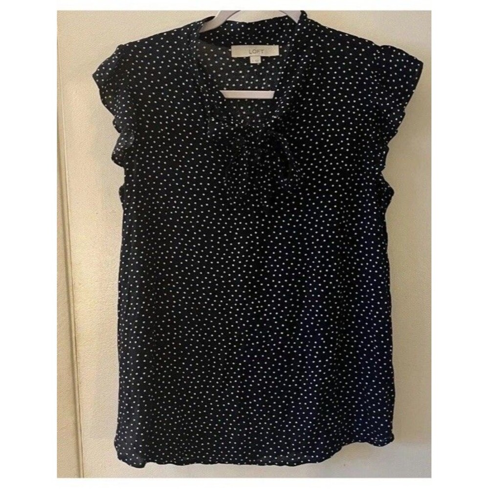 Loft Blouse Polka Dot Bow Ruffle Cap Sleeve Academia Rockabilly Dark Blue Large